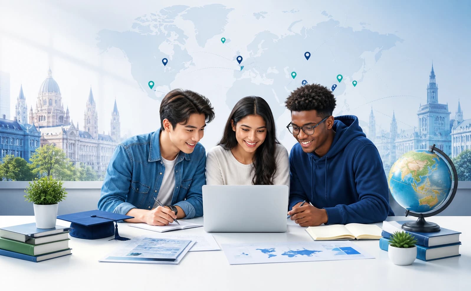 International students reviewing scholarship documents and opportunities together